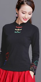Long-sleeve Chinese Ethnic Embroidery Cotton Blouse (Ready-Made)