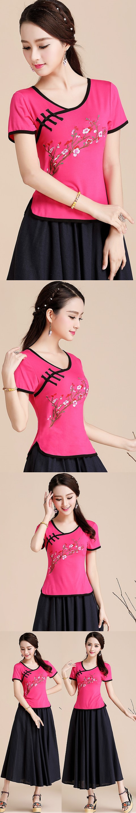 Short-sleeve Chinese Ethnic Embroidery Cotton Blouse (Ready-Made)