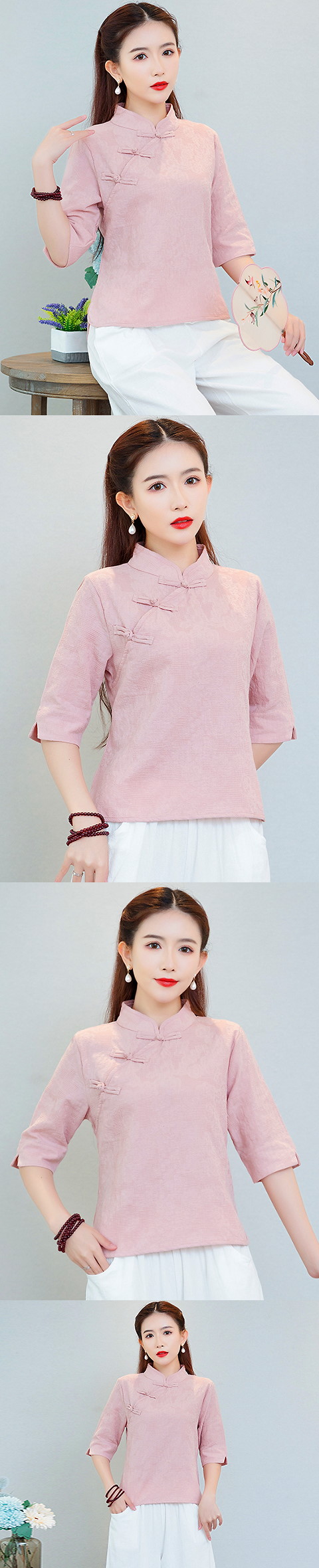 Elbow-sleeve Cotton Linen Chic Ethnic Blouse (RM)