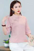 Elbow-sleeve Cotton Linen Chic Ethnic Blouse (RM)
