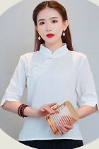 Elbow-sleeve Cotton Linen Chic Ethnic Blouse (RM)