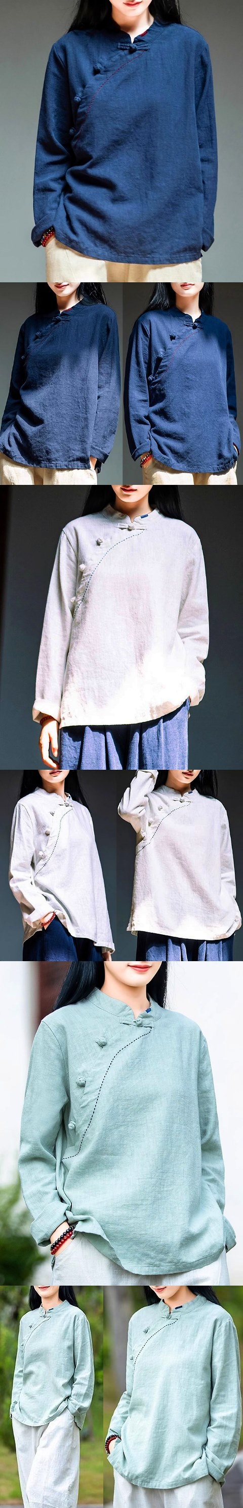 Ethnic Cotton Linen Inclined-Front Long-sleeve Blouse (RM)