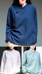 Ethnic Cotton Linen Inclined-Front Long-sleeve Blouse (RM)