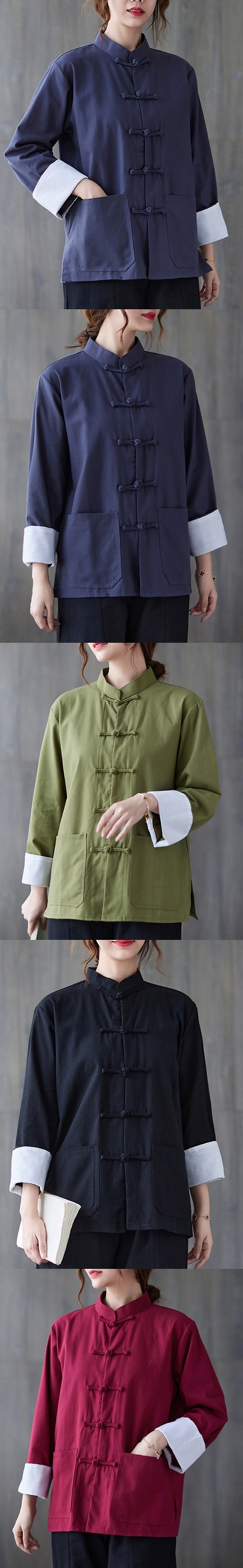 Ethnic Cotton Linen Standing-collar Folding-sleeve Blouse (RM)