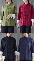 Ethnic Cotton Linen Standing-collar Folding-sleeve Blouse (RM) Ethnic Cotton Linen Standing-collar Folding-sleeve Blouse (RM)