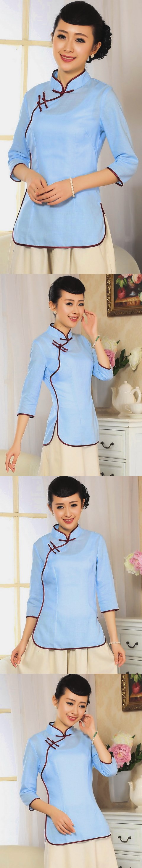 3/4-sleeve Cotton Linen Mandarin Blouse (CM)