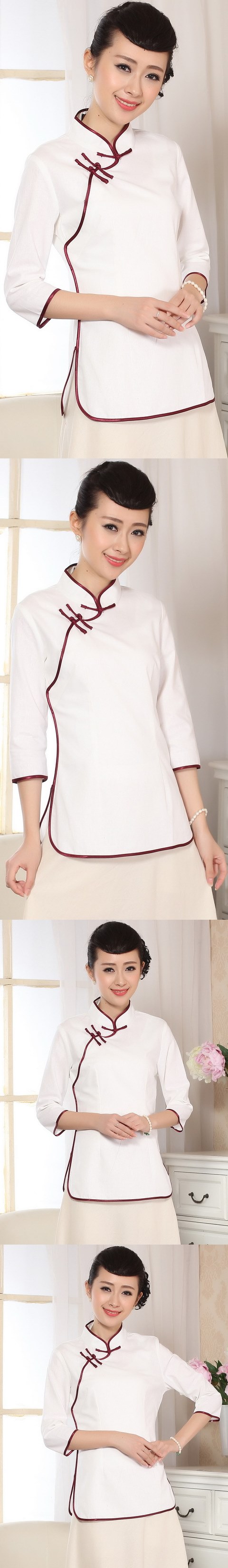 3/4-sleeve Cotton Linen Mandarin Blouse (CM)