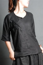 Ethnic 3/4-Sleeve Round Collar Blouse (CM)