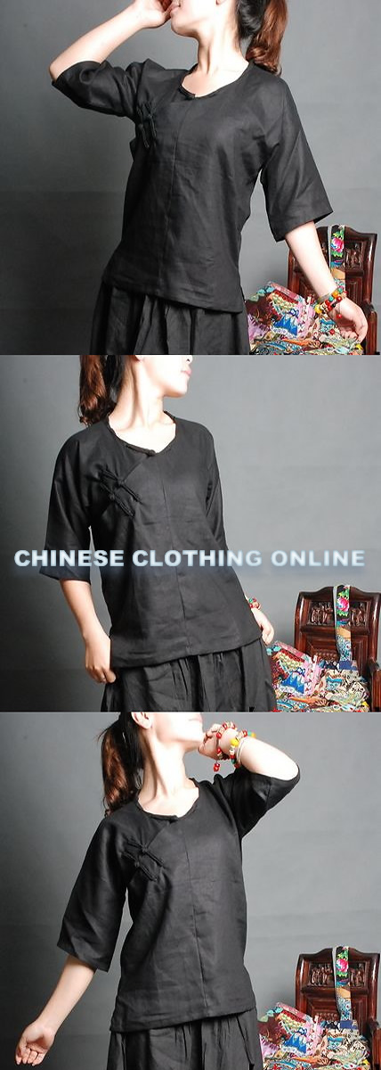 Ethnic 3/4-Sleeve Round Collar Blouse (CM)