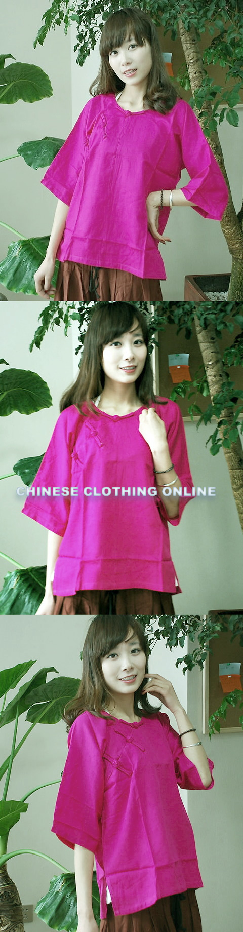 Ethnic 3/4-Sleeve Round Collar Blouse (CM)