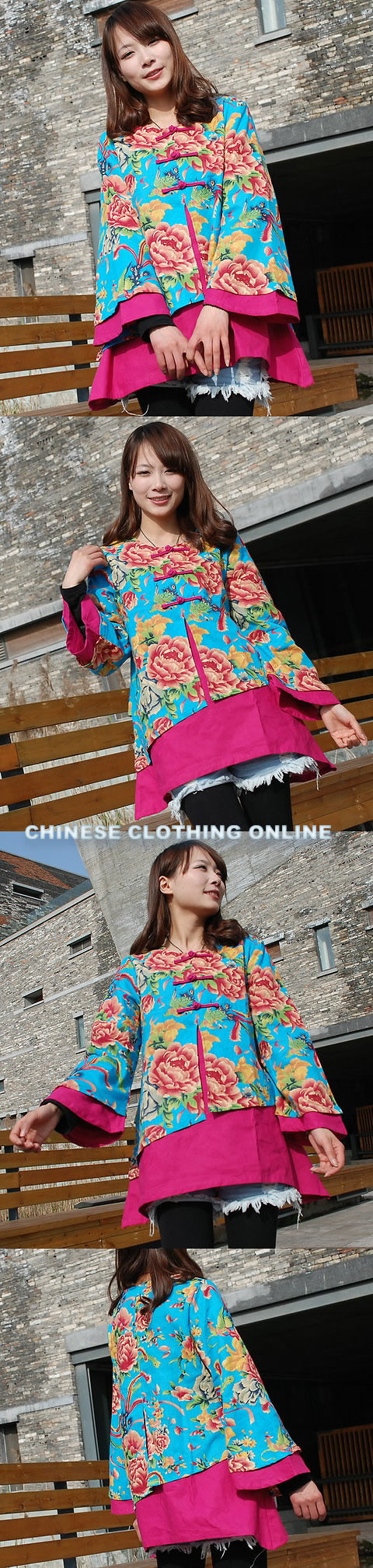 Ethnic Long-sleeve Floral Printing Daul-layer Blouse (CM)