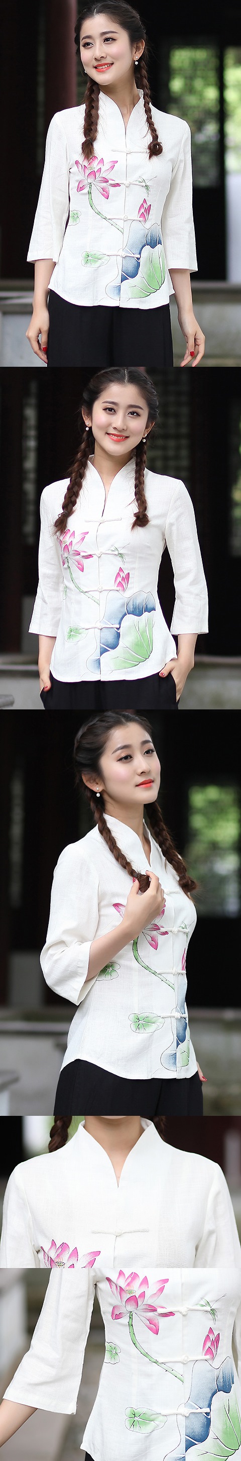 Hand-Painting Lotus 3/4-sleeve Chinese Ethnic Blouse (Ready-Made)