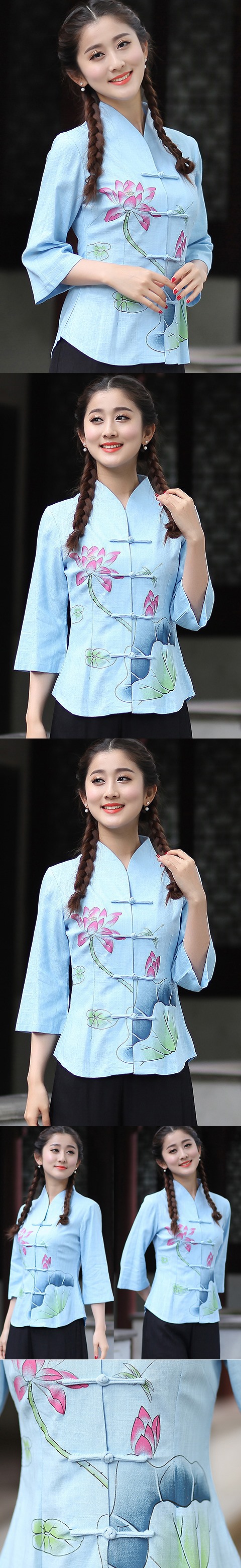 Hand-Painting Lotus 3/4-sleeve Chinese Ethnic Blouse (Ready-Made)