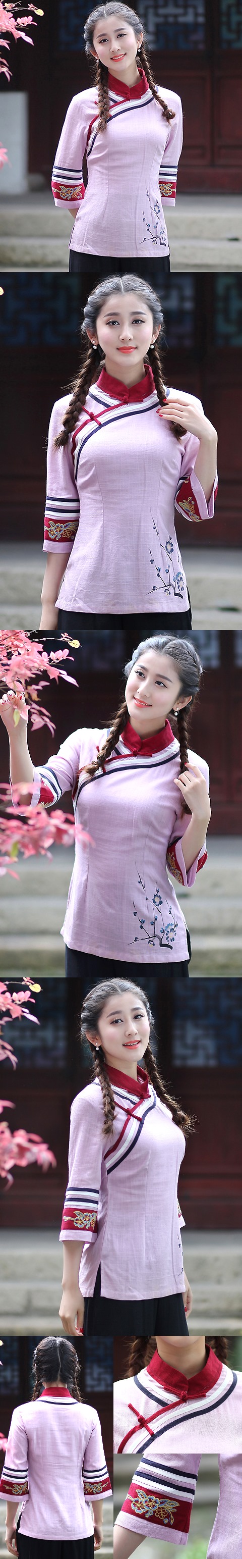Featured 3/4-sleeve Chinese Ethnic Blouse (Ready-Made)
