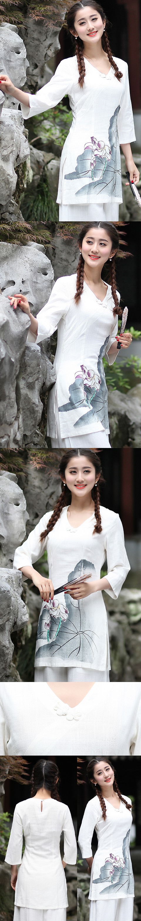 Hand-Painting Lotus 3/4-sleeve Chinese Ethnic Blouse (Ready-Made)