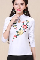 Ethnic Floral Embroidery Long-sleeve Blouse - White (RM)