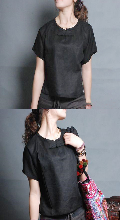 Ethnic Short-sleeve Round Collar Blouse (CM)