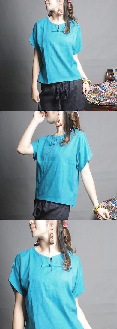 Ethnic Short-sleeve Round Collar Blouse (CM)