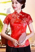 Short-sleeve Dragon and Phoenix Embroidery Mandarin Blouse (RM)