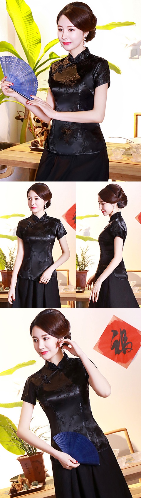 Short-sleeve Plumb Blossoms Embroidery Mandarin Blouse (RM)