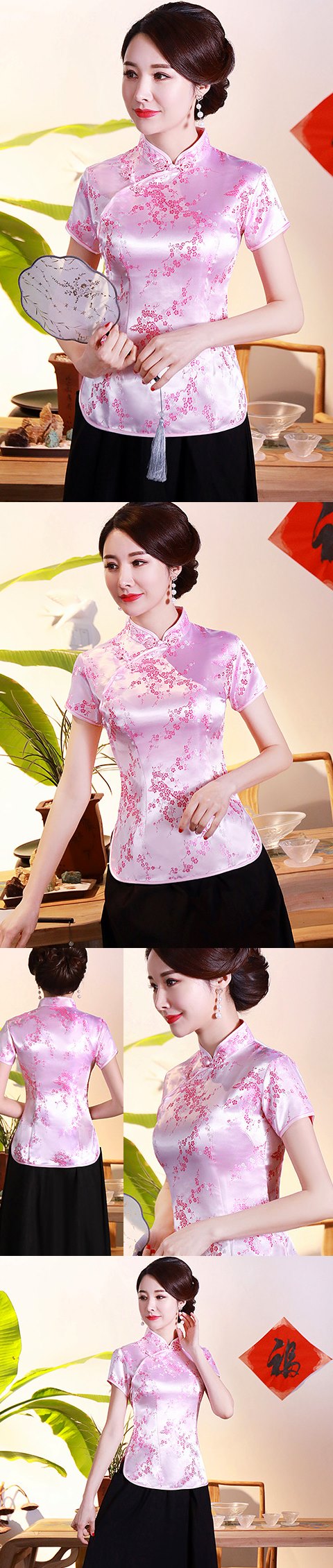 Short-sleeve Plumb Blossoms Embroidery Mandarin Blouse (RM)