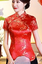 Short-sleeve Plumb Blossoms Embroidery Mandarin Blouse (RM)