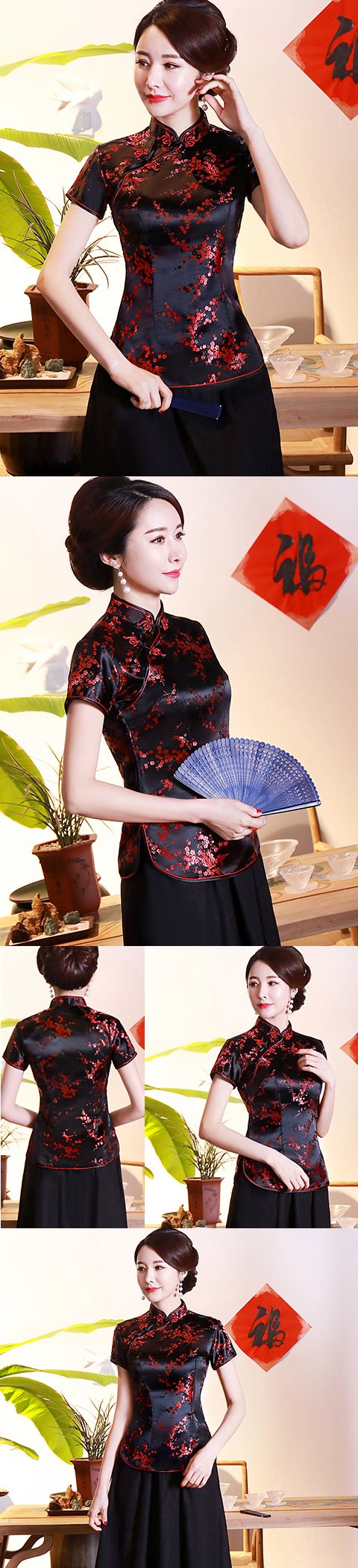 Short-sleeve Plumb Blossoms Embroidery Mandarin Blouse (RM)
