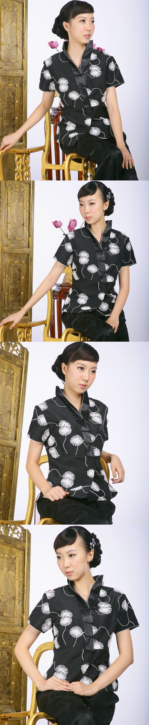 Short-sleeve Embossed Embroidery Hanfu Collar Mandarin Blouse (Black)