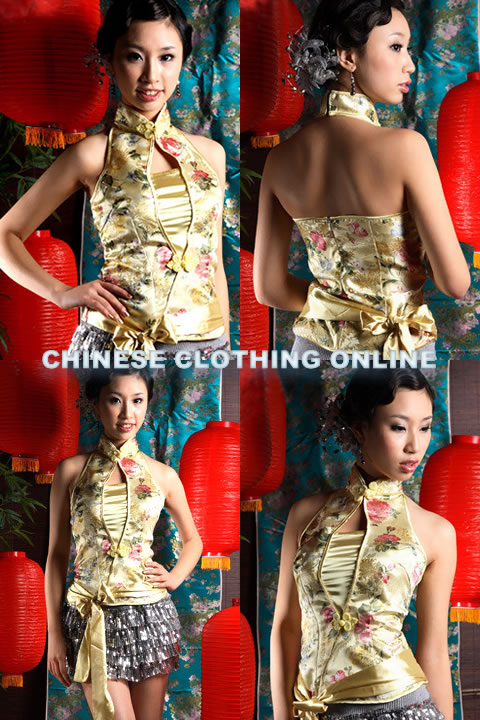 Cut-in Shoulders Bareback Mandarin Blouse w/ Sash (CM)