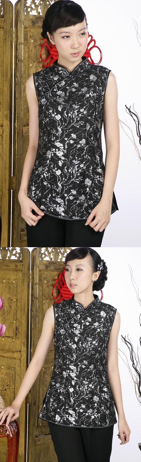 Sleeveless Floral Mandarin Blouse (Black)