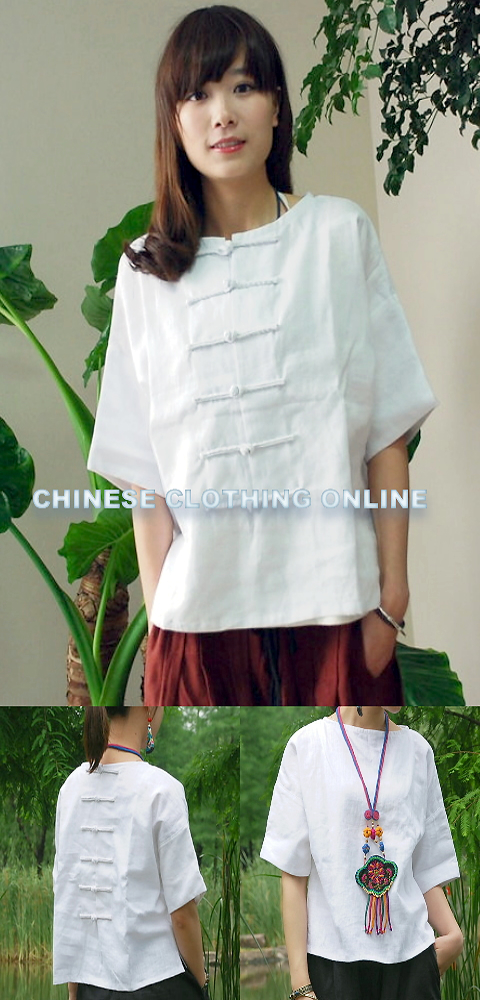 Ethnic Mid-sleeve Cotton Linen Front/Back Turnable Blouse (CM)