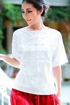 Ethnic Mid-sleeve Cotton Linen Front/Back Turnable Blouse (CM)