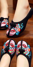 Chinese Opera Mask Embroidery Slippers (Black)