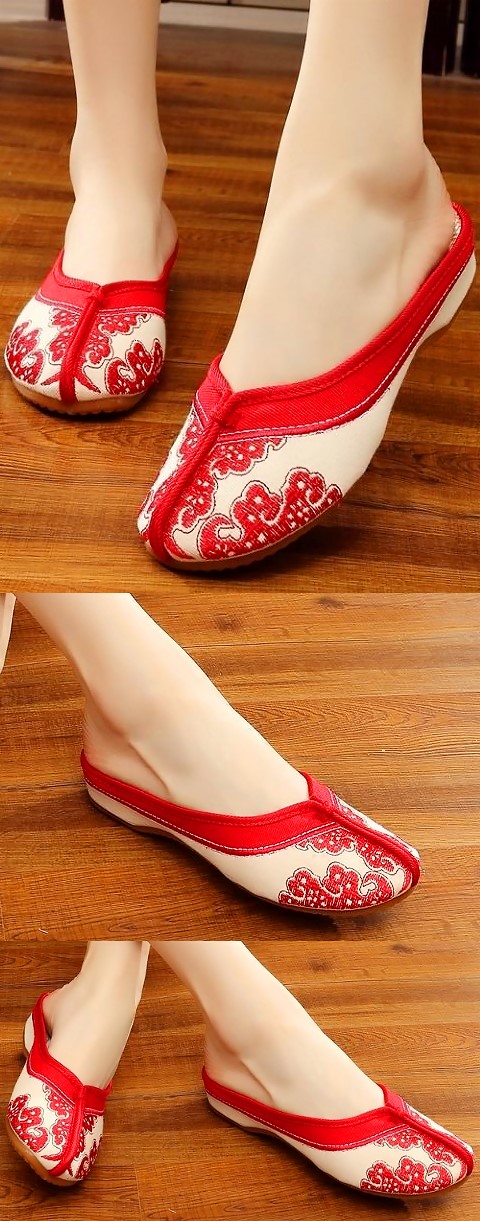 Flower Embroidery Slippers (Red)