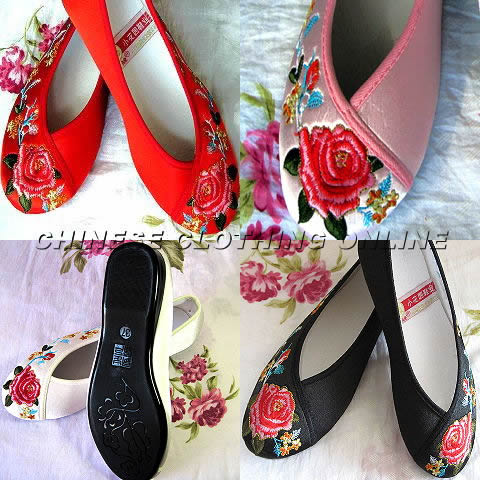Low Heel Mudan Peony Embroidery Shoes (Multicolor)