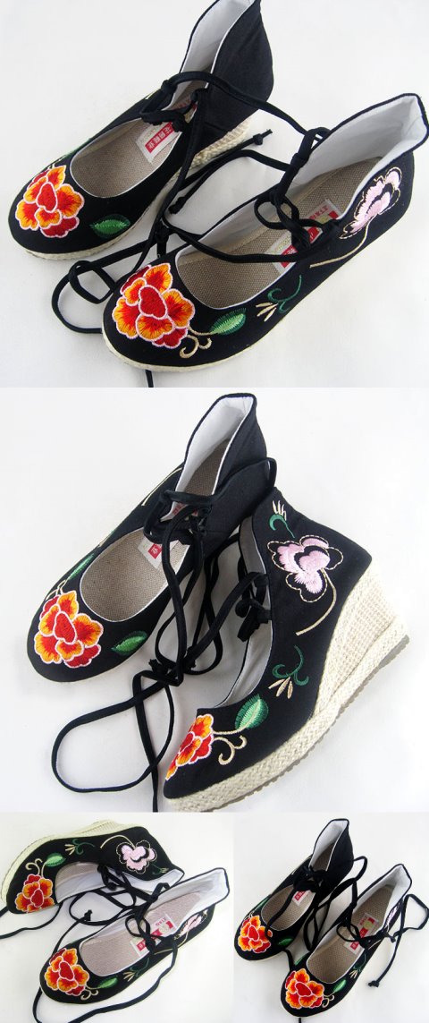 Wedge Heel Mudan Peony Embroidery Boots (Black)