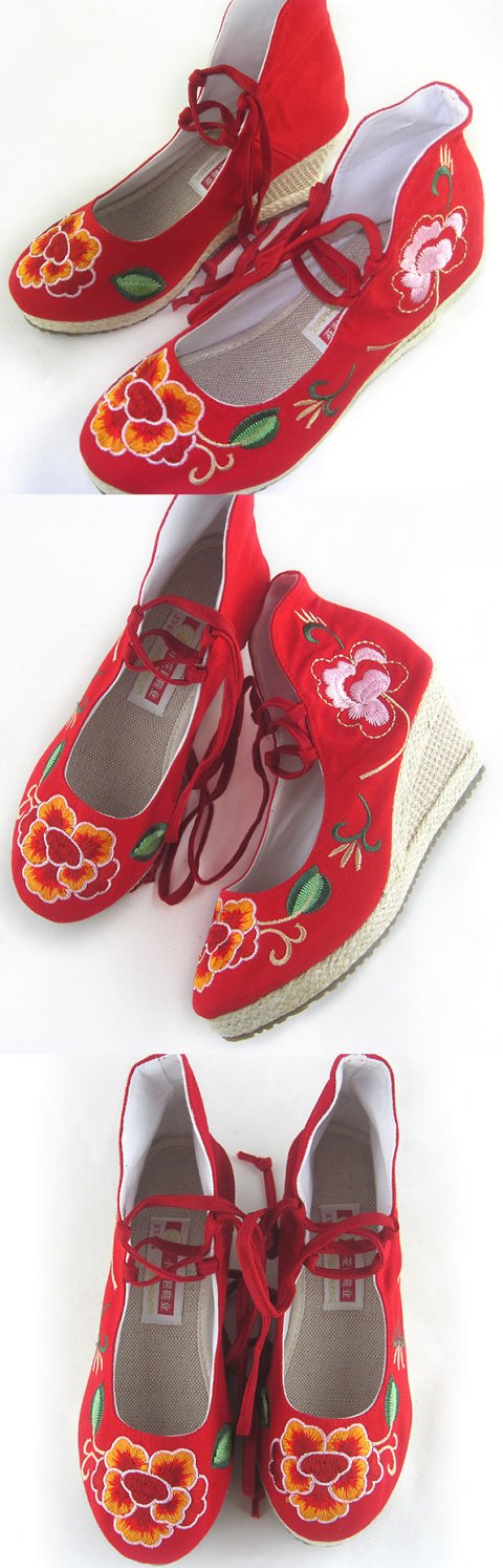Wedge Heel Mudan Peony Embroidery Boots (Red)