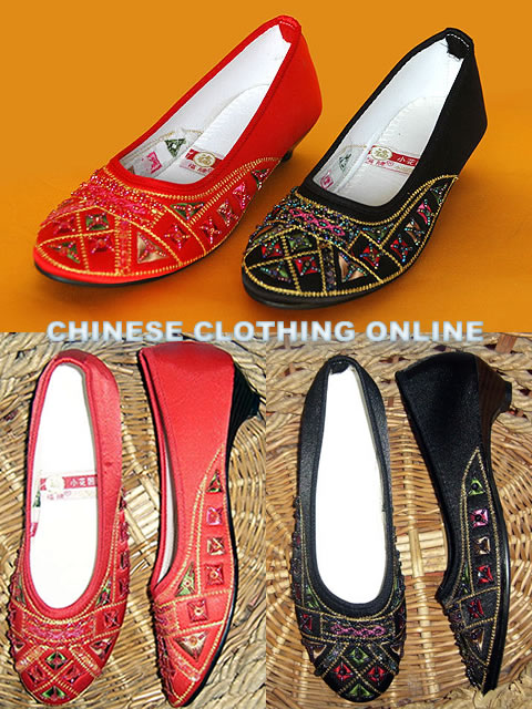 Low Heel Floral Embroidery Beaded Shoes (Multicolor)
