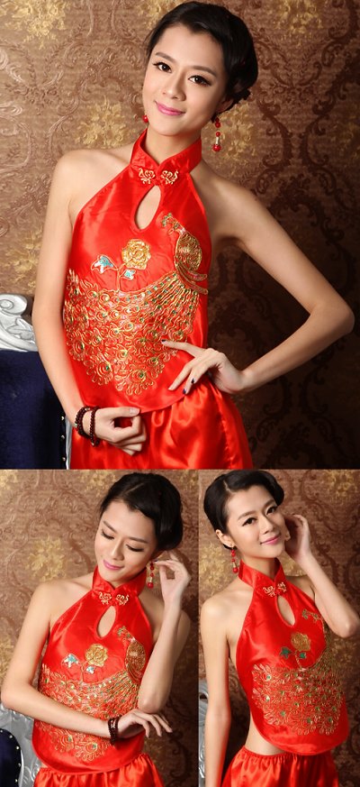 Bargain - Embroidery Mandarin Collar Halter Top